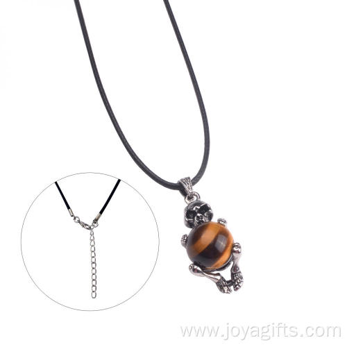 Stainless Steel Skull Pendant Tiger Eye Beads